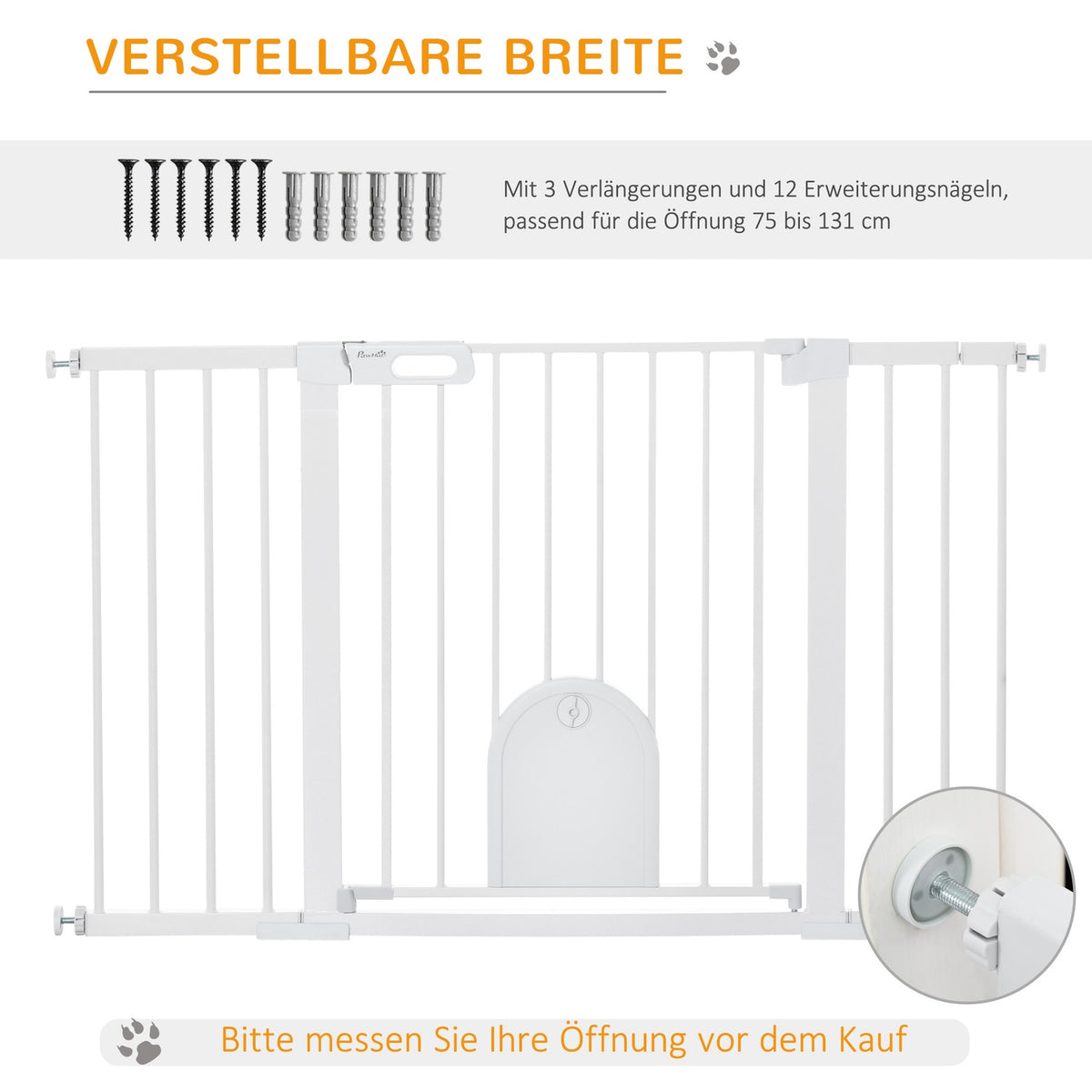 Door safety gate stair gate 75-131cm clamp fastening made of metal and ABS in white 76cm high for safety in the home