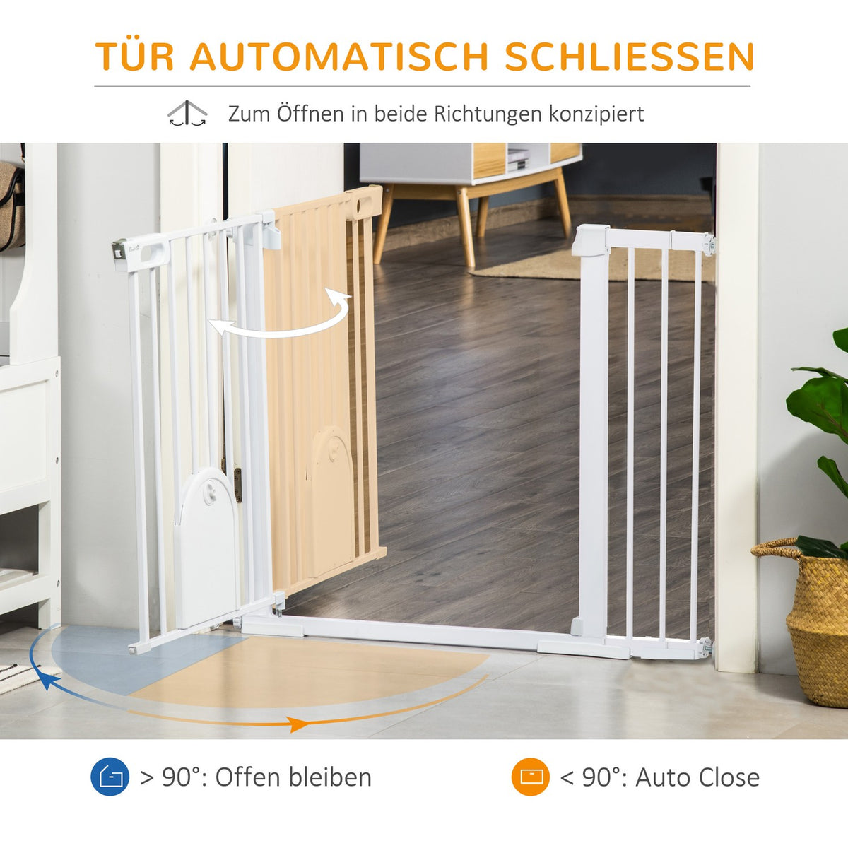 Door safety gate stair gate 75-131cm clamp fastening made of metal and ABS in white 76cm high for safety in the home