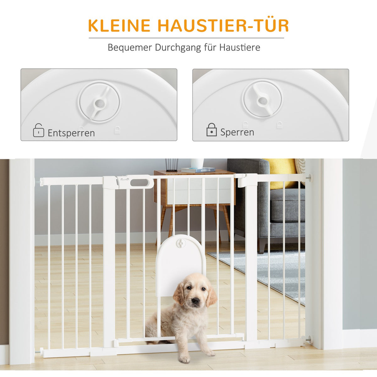 Door safety gate stair gate 75-131cm clamp fastening made of metal and ABS in white 76cm high for safety in the home
