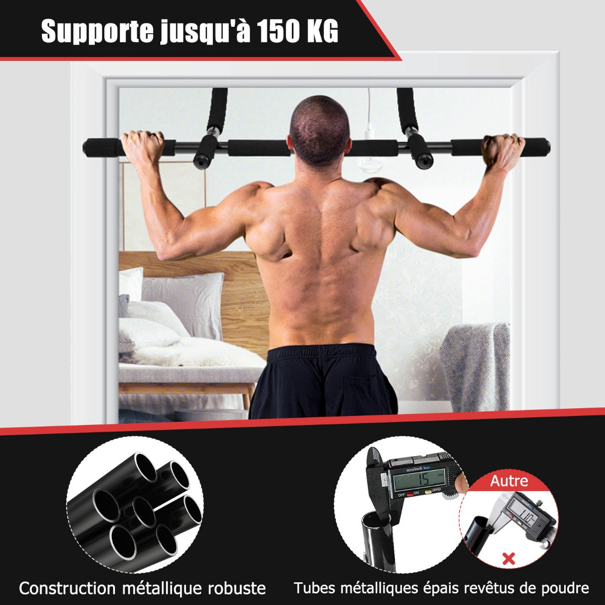 Doorway Pull-Up Bar, No-Drill, 150kg, Padded Handles