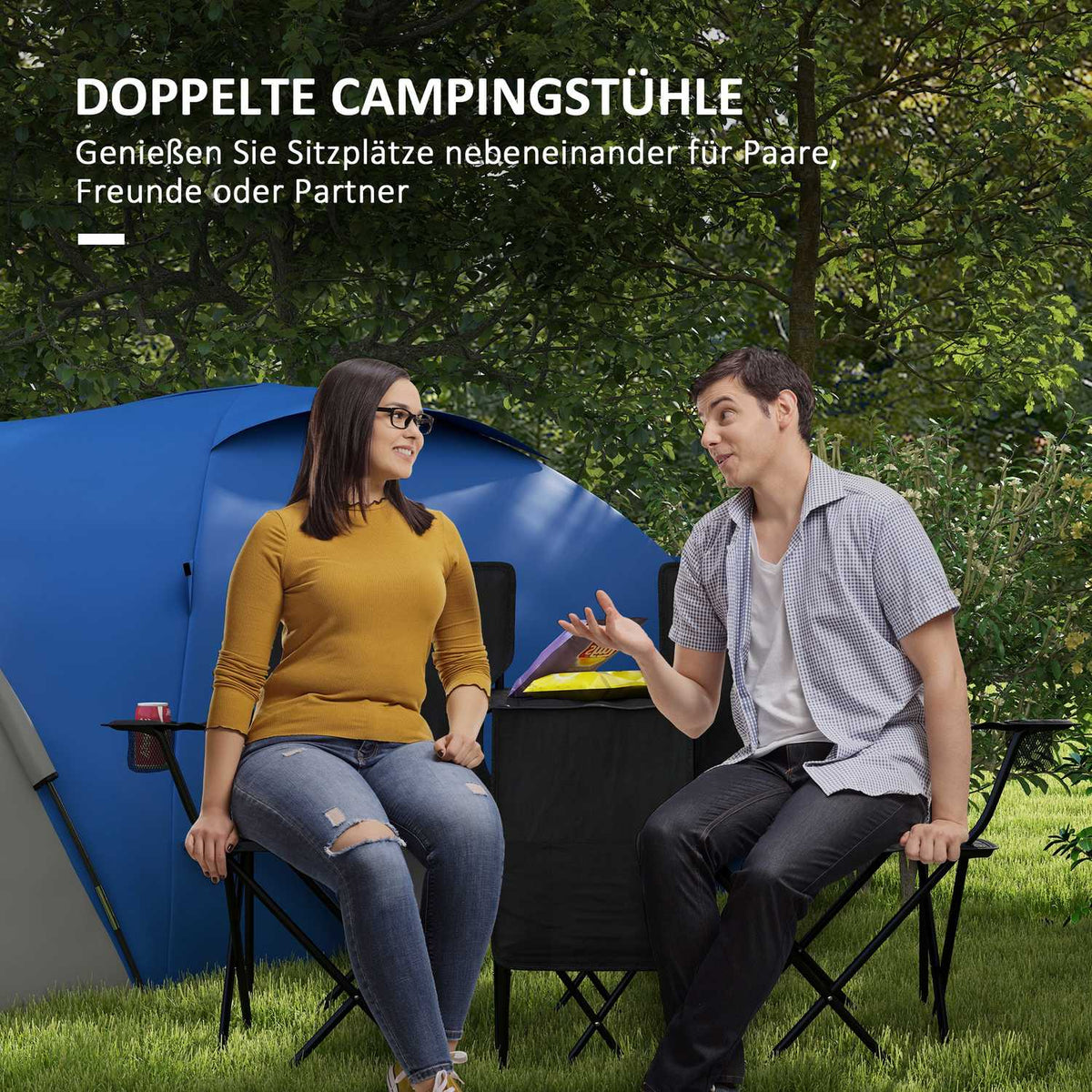 Double Camping Chair, Portable Double Folding Chair With Table, Cup Holder, Storage Compartments, Garden Chair For 2 People, Lawn, Black
