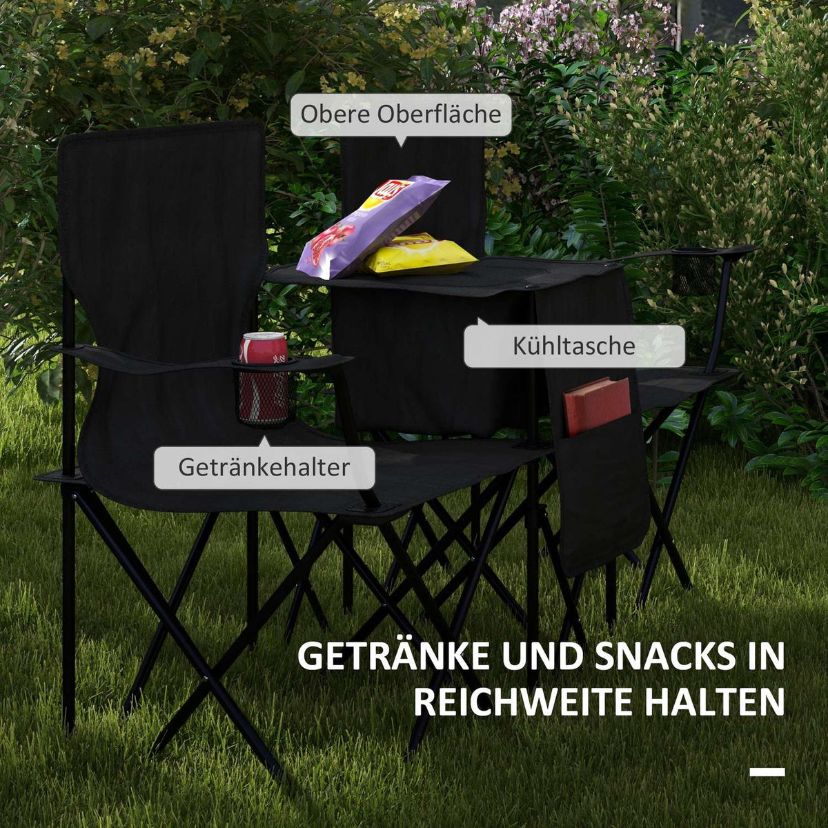 Double Camping Chair, Portable Double Folding Chair With Table, Cup Holder, Storage Compartments, Garden Chair For 2 People, Lawn, Black