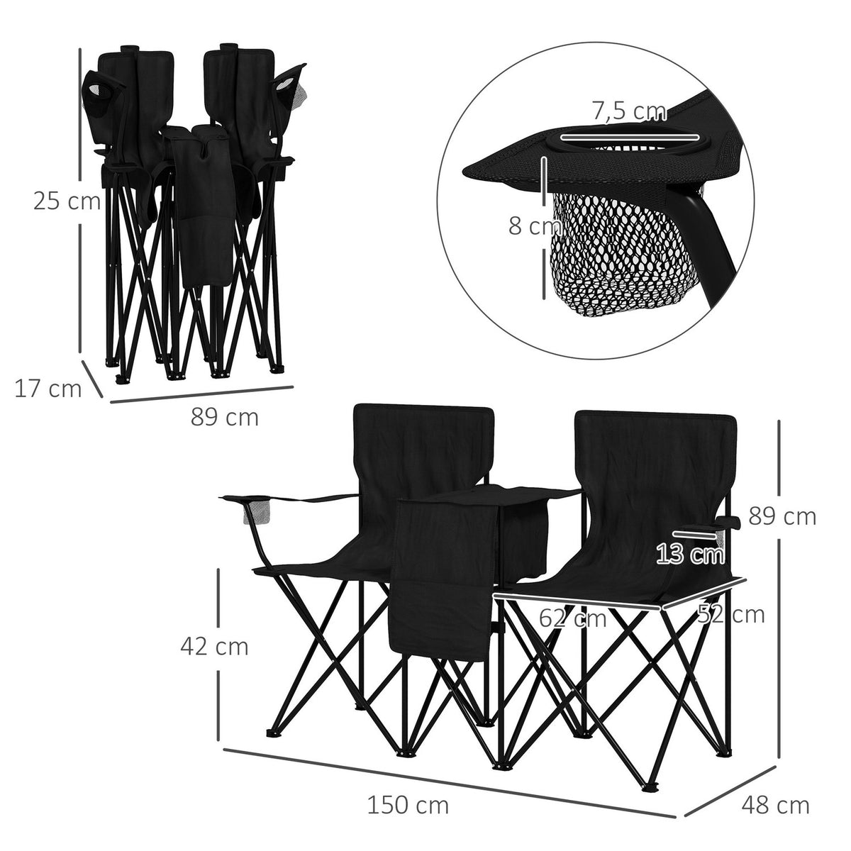Double Camping Chair, Portable Double Folding Chair With Table, Cup Holder, Storage Compartments, Garden Chair For 2 People, Lawn, Black