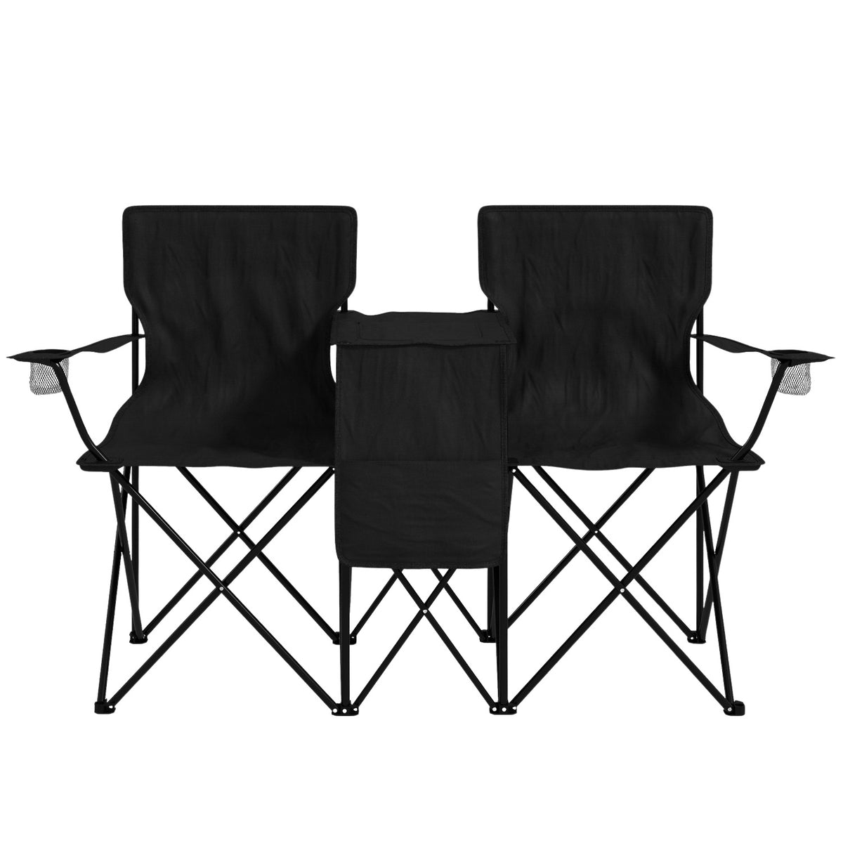 Double Camping Chair, Portable Double Folding Chair With Table, Cup Holder, Storage Compartments, Garden Chair For 2 People, Lawn, Black