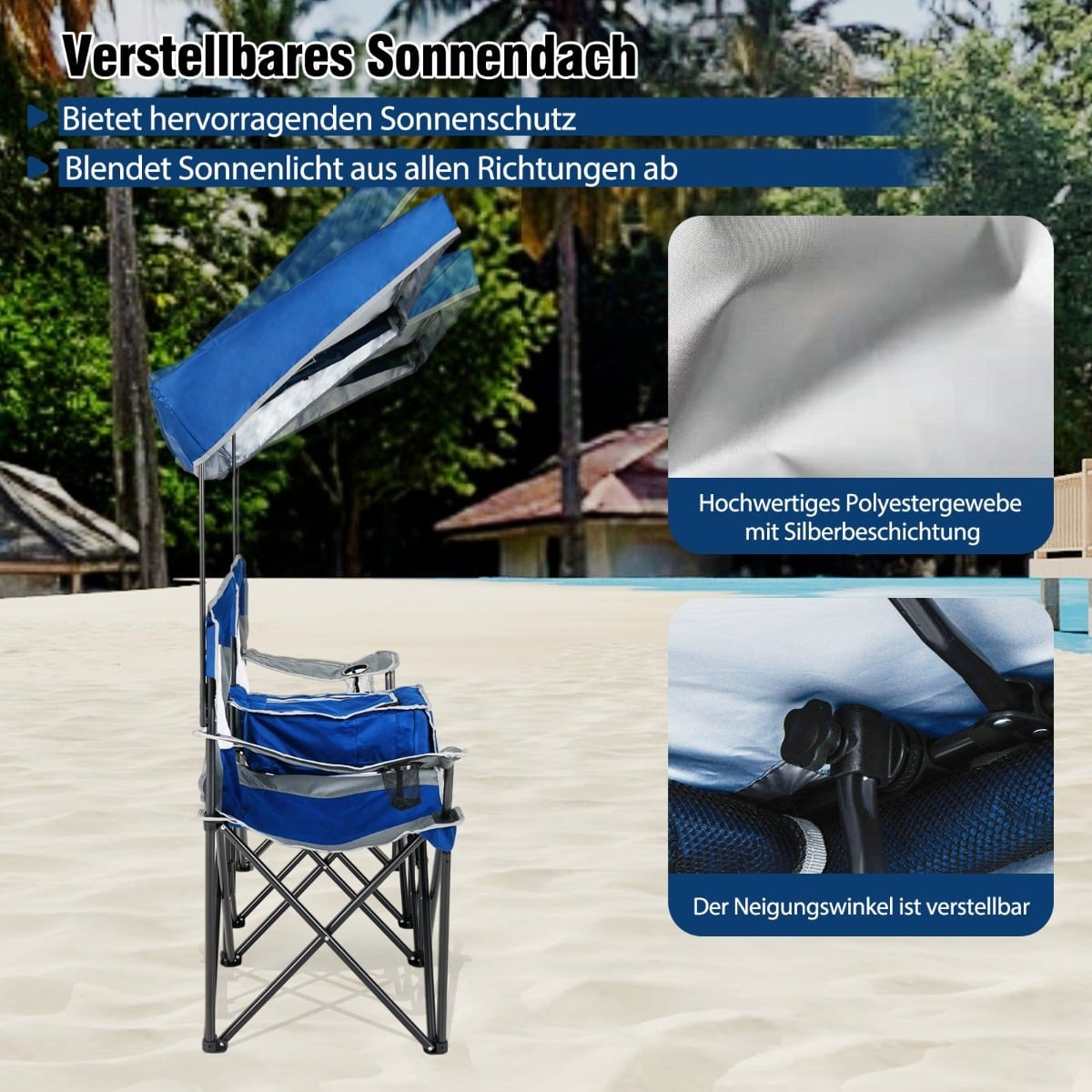 Double Camping Chair with Adjustable Canopy, Cooler & Cup Holders