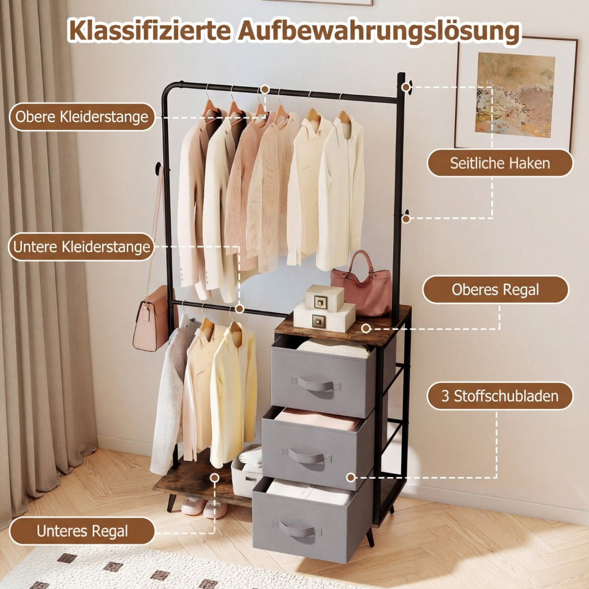 Double Clothes Rack with Shelves & Hooks, Metal Frame