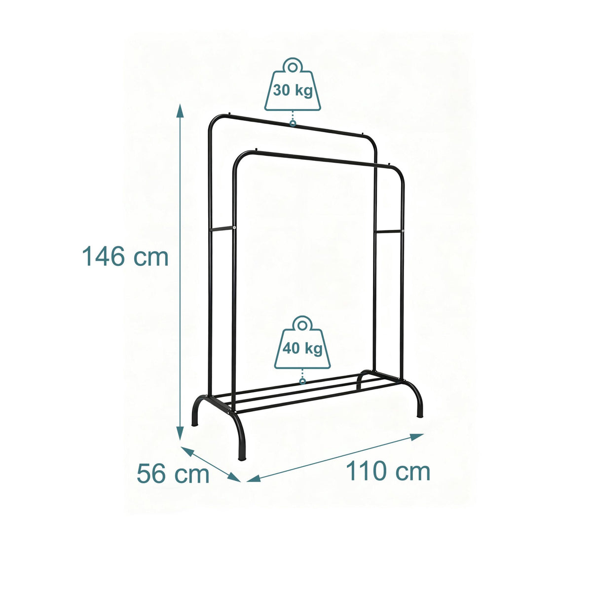 Double Clothes Rail with Shelf – Metal, Freestanding