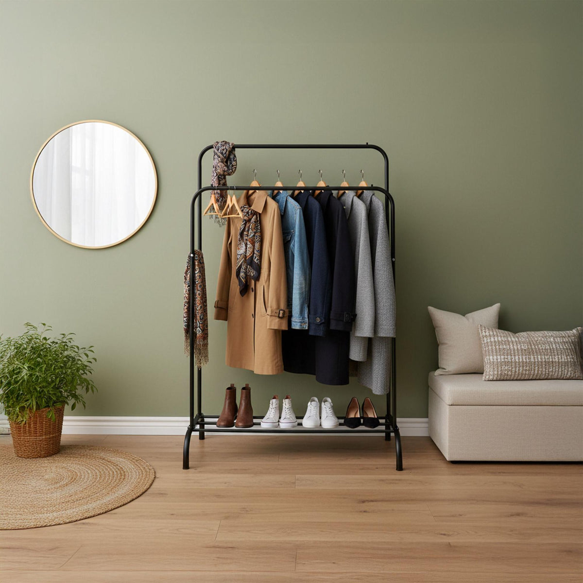Double Clothes Rail with Shelf – Metal, Freestanding