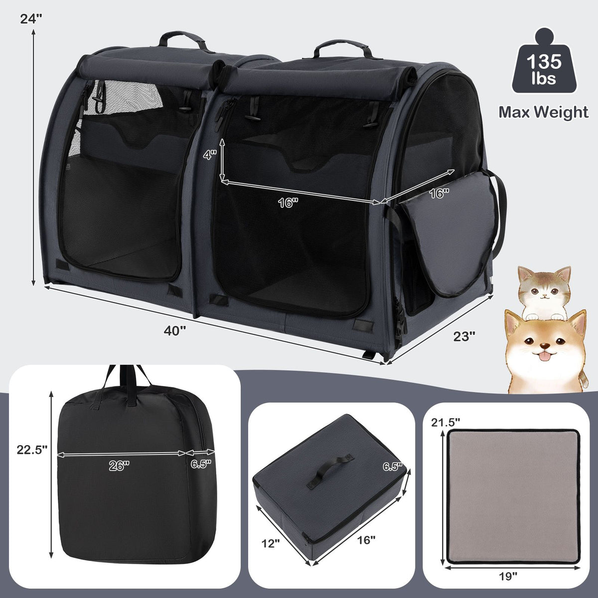Double-Compartment Pet Carrier – 2 Removable Hammocks