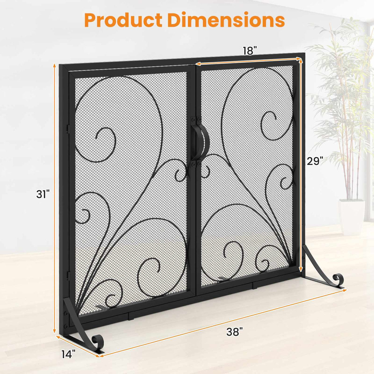 Double Door Fireplace Screen, 38 x 31 Inch, Black