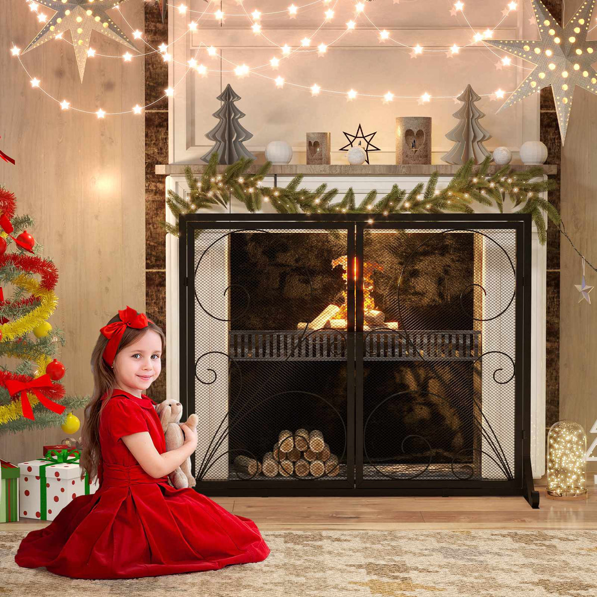 Double Door Fireplace Screen, 38 x 31 Inch, Black
