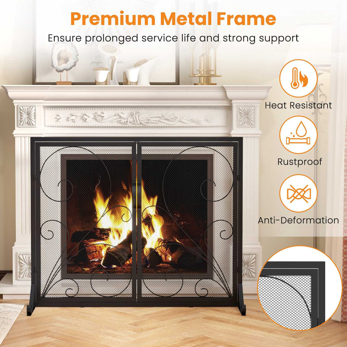 Double Door Fireplace Screen, 38 x 31 Inch, Black