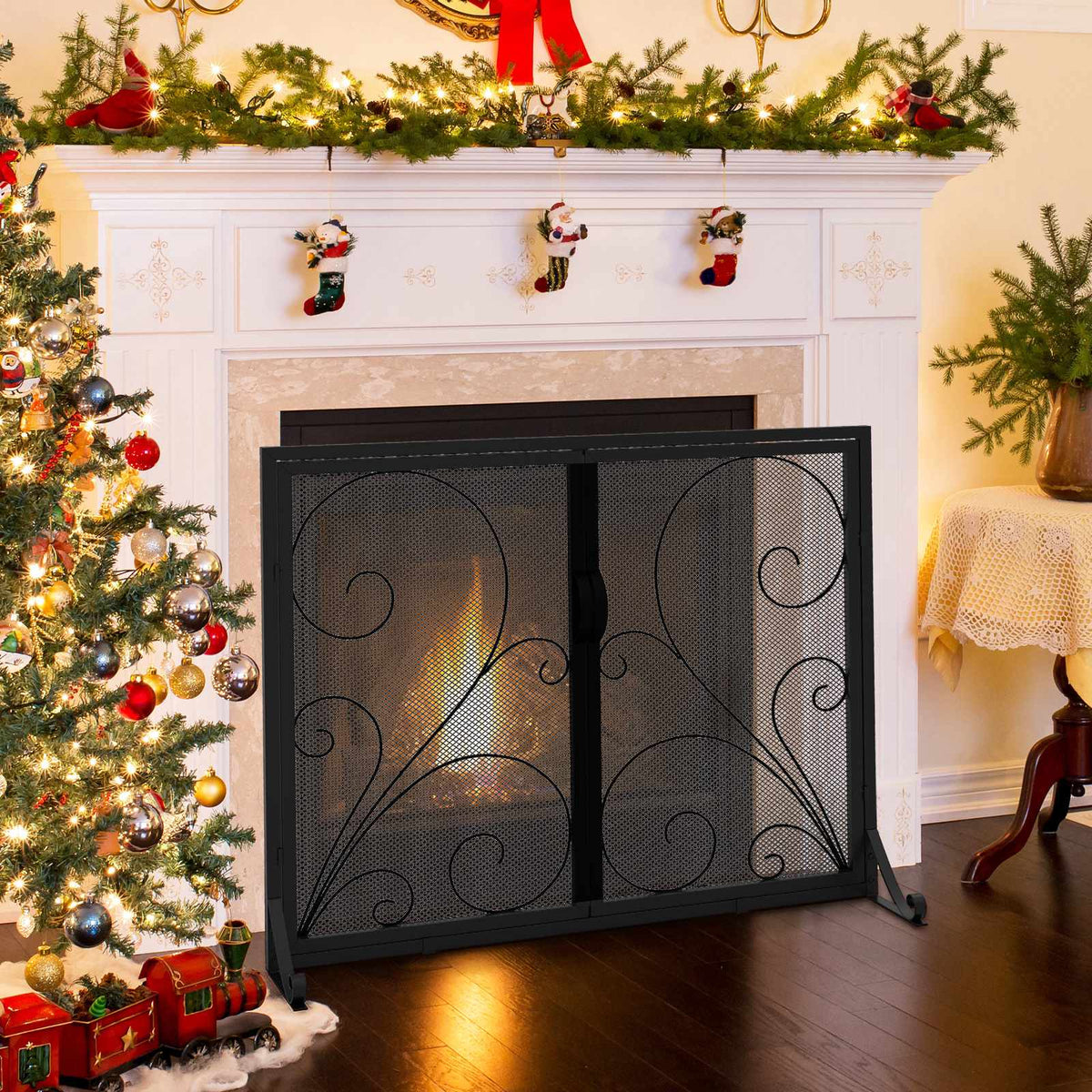 Double Door Fireplace Screen, 38 x 31 Inch, Black