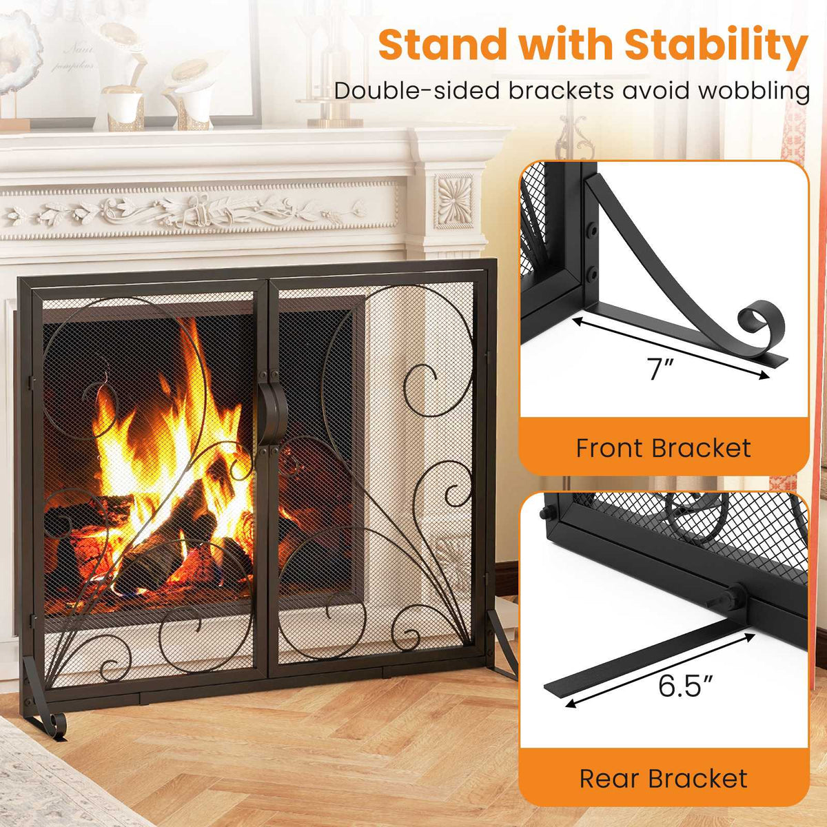 Double Door Fireplace Screen, 38 x 31 Inch, Black
