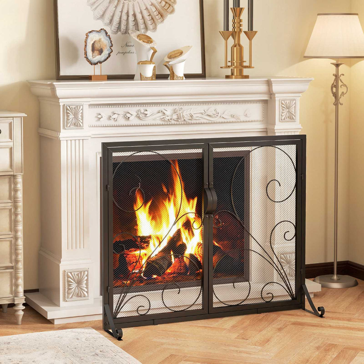 Double Door Fireplace Screen, 38 x 31 Inch, Black