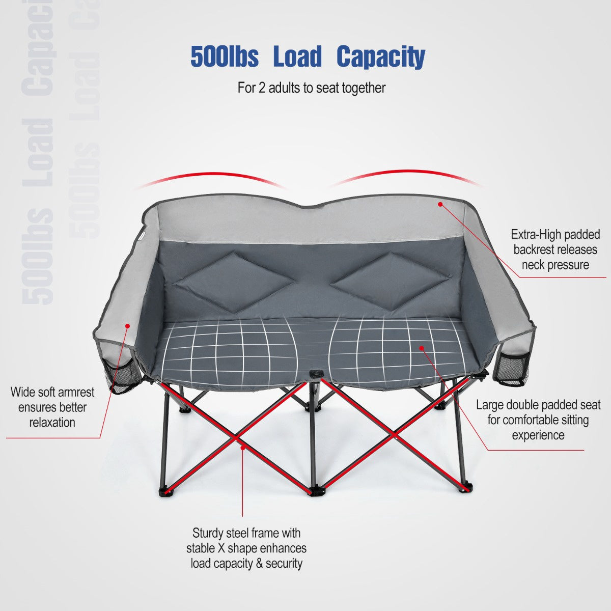 Double Folding Camping Chair with Armrests, Carry Bag