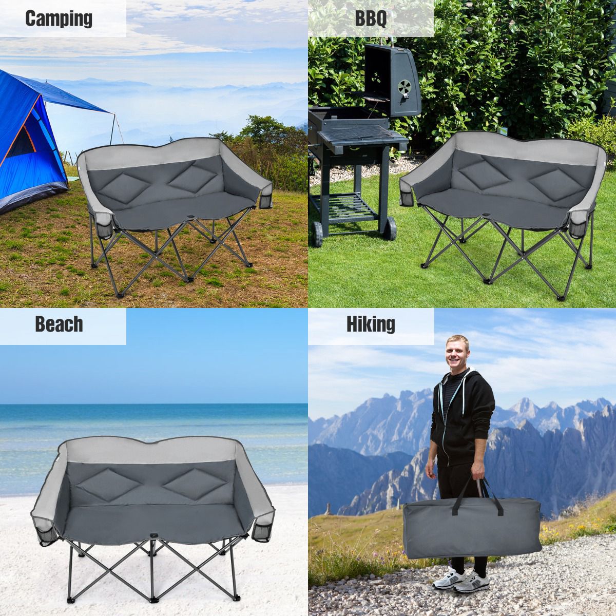 Double Folding Camping Chair with Armrests, Carry Bag