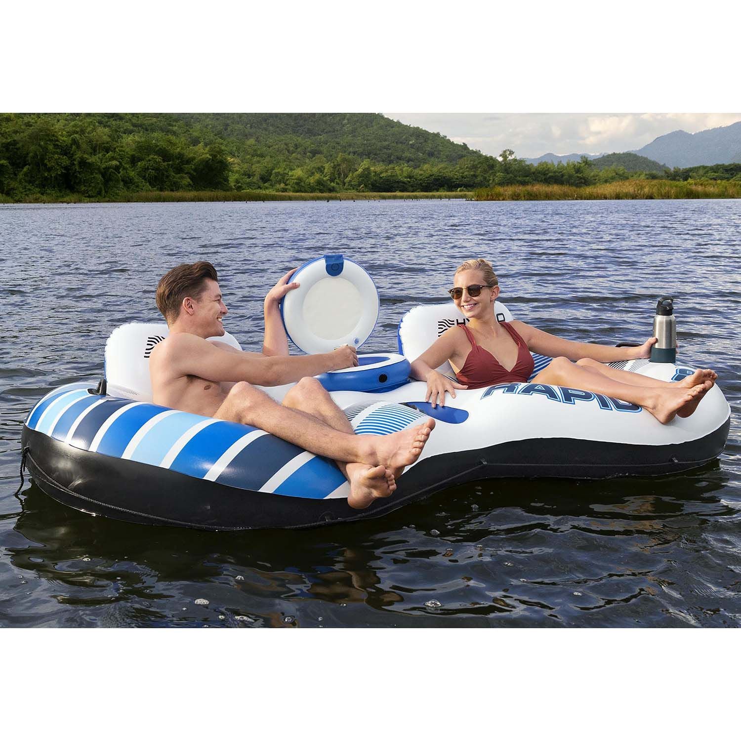 Double Inflatable Pool Tube with Cooler and Cup Holders