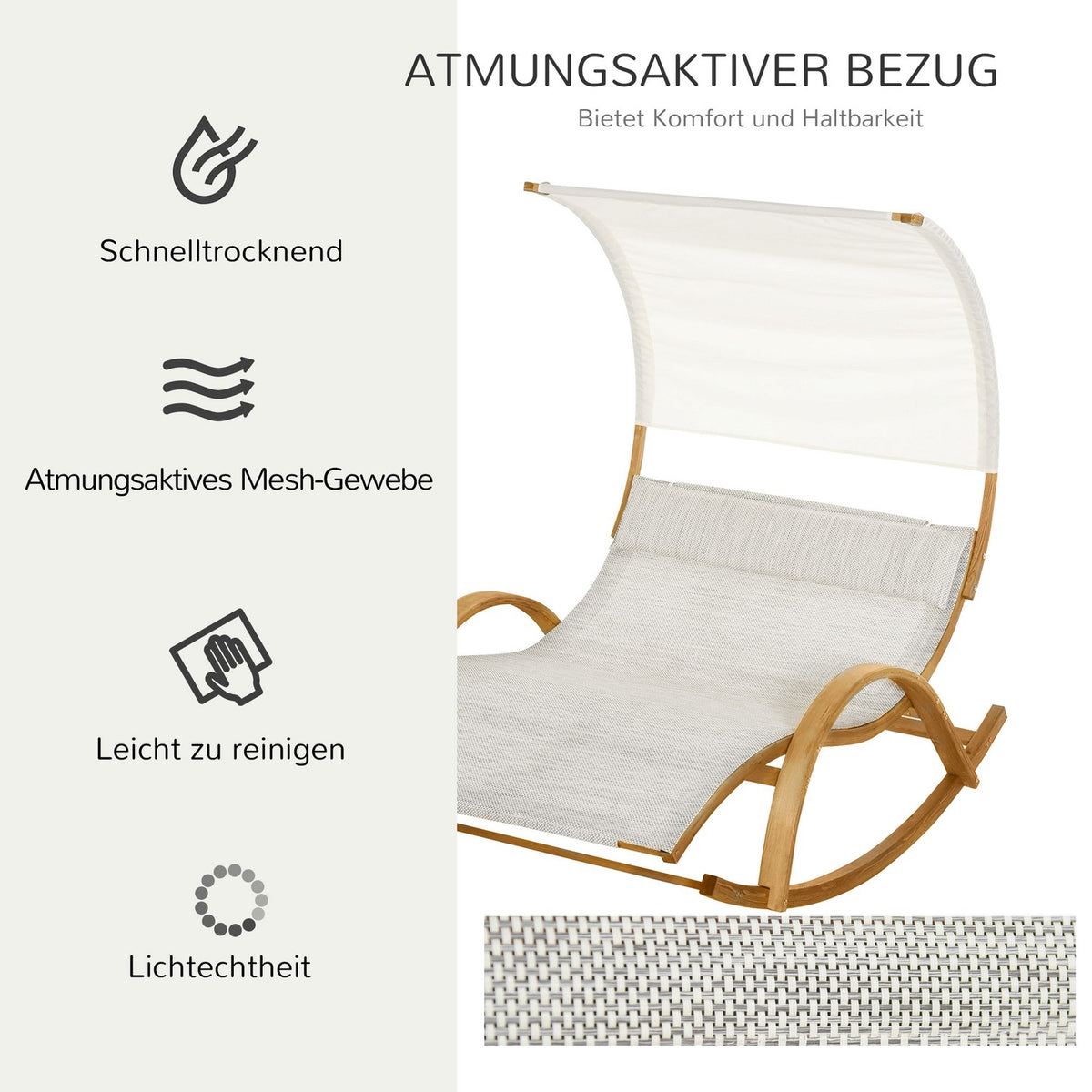 Double Lounger, Sun Lounger, Rocking Lounger, Relaxation Lounger With Larch Roof, Grey+White, 190 X 135 X 185 Cm