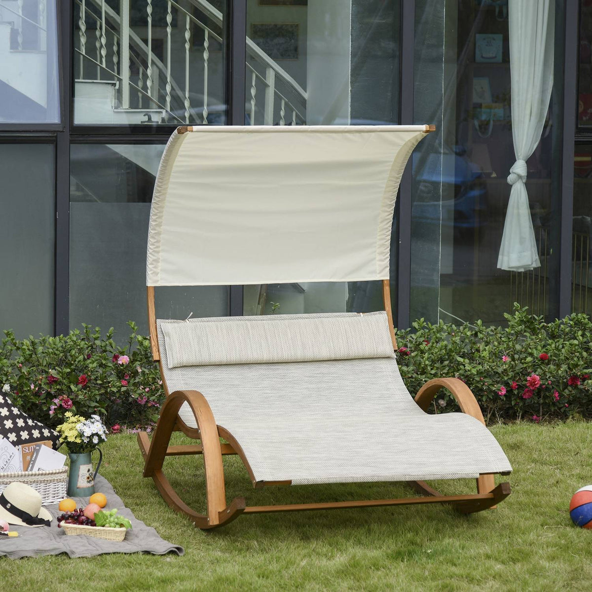 Double Lounger, Sun Lounger, Rocking Lounger, Relaxation Lounger With Larch Roof, Grey+White, 190 X 135 X 185 Cm
