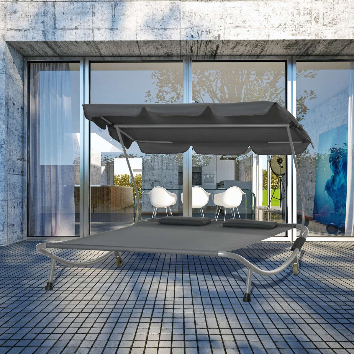 Double Lounger With Roof, Rollable Sun Lounger, Relaxation Lounger, Steel, Grey, 200X170X134Cm