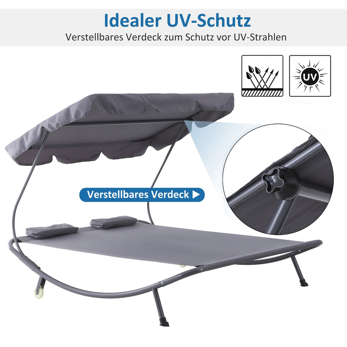 Double Lounger With Roof, Rollable Sun Lounger, Relaxation Lounger, Steel, Grey, 200X170X134Cm