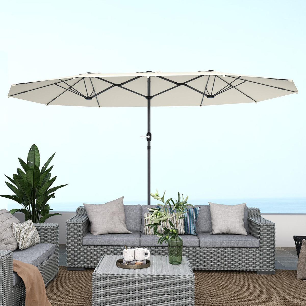 Double Parasol 436 x 260 cm, UV Protection Steel Parasol with Hand Crank, Oval Balcony Umbrella Beach Umbrella Windproof Stable Market Umbrella Crank Umbrella for Beach Balcony Garden Beige