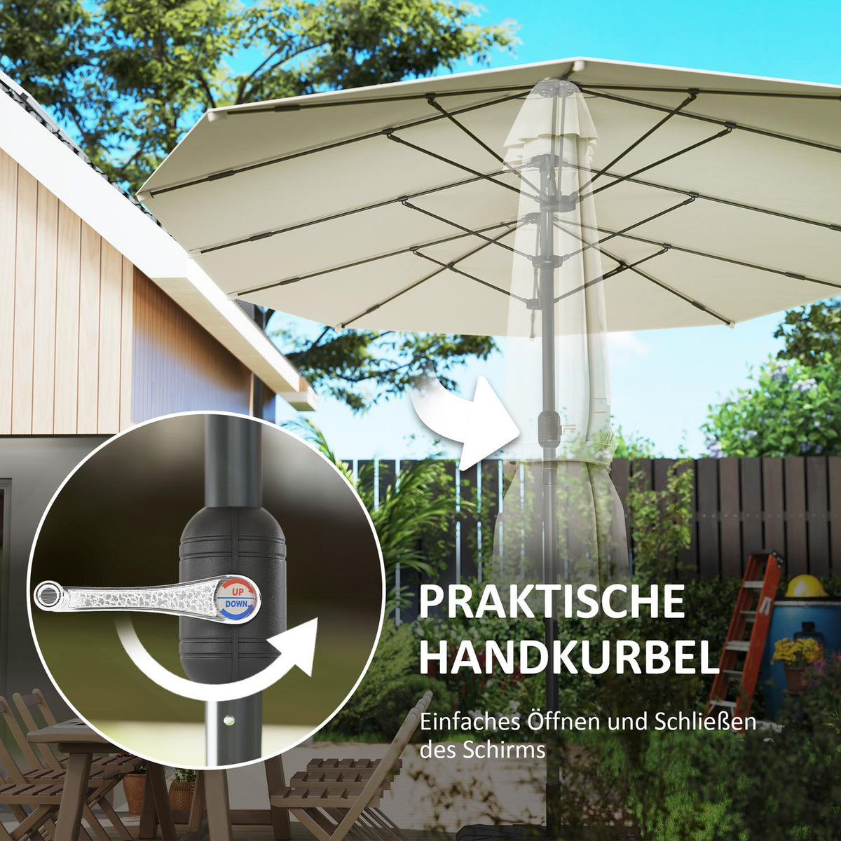Double Parasol 436 x 260 cm, UV Protection Steel Parasol with Hand Crank, Oval Balcony Umbrella Beach Umbrella Windproof Stable Market Umbrella Crank Umbrella for Beach Balcony Garden Beige