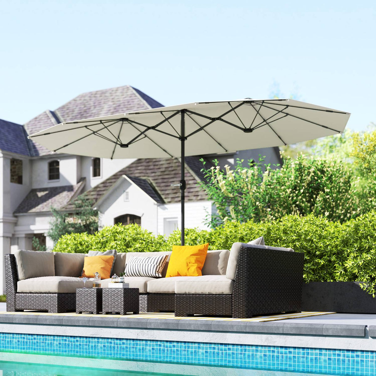 Double Parasol 436 x 260 cm, UV Protection Steel Parasol with Hand Crank, Oval Balcony Umbrella Beach Umbrella Windproof Stable Market Umbrella Crank Umbrella for Beach Balcony Garden Beige