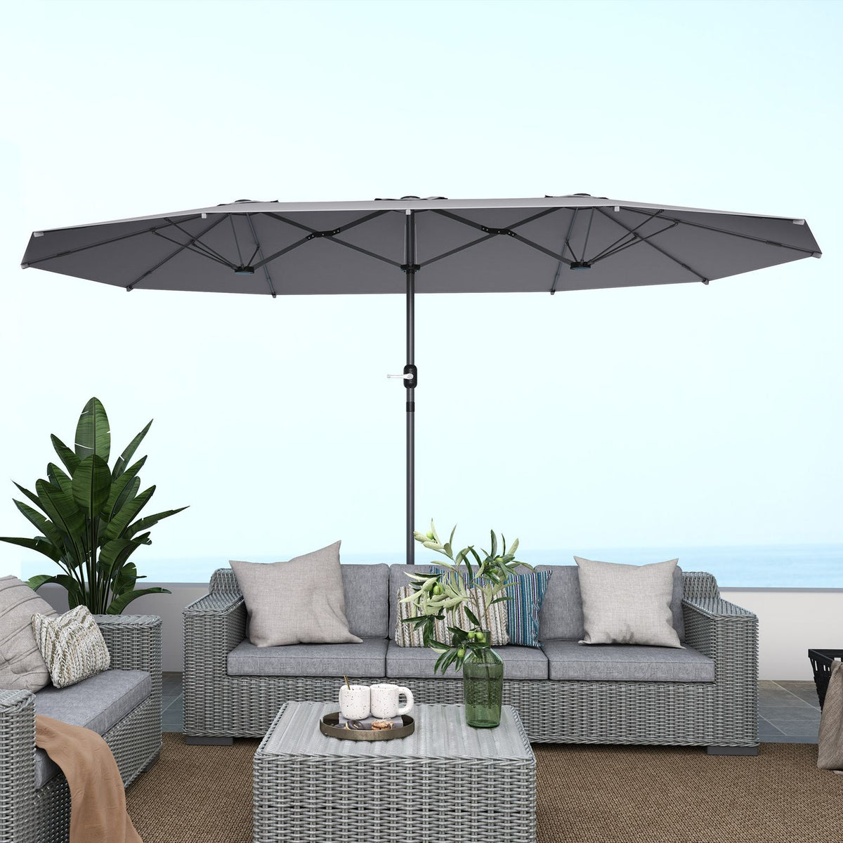 Double Parasol 436 x 260 cm, UV Protection Steel Parasol with Hand Crank, Oval Balcony Umbrella Beach Umbrella Windproof Stable Market Umbrella Crank Umbrella for Beach Balcony Garden Dark Gray
