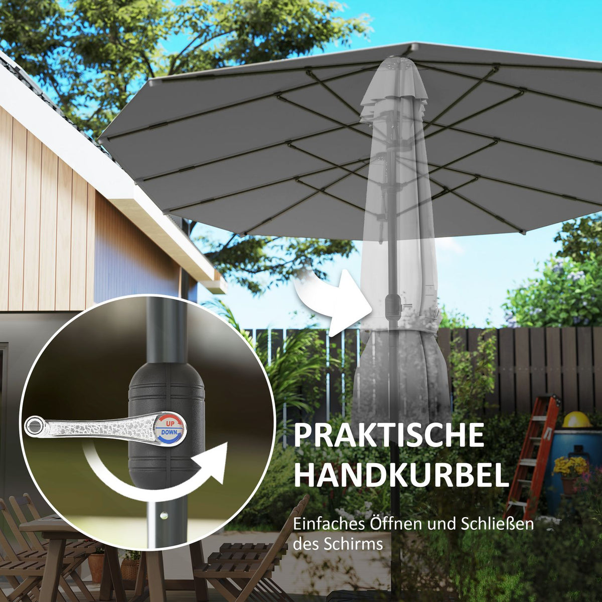 Double Parasol 436 x 260 cm, UV Protection Steel Parasol with Hand Crank, Oval Balcony Umbrella Beach Umbrella Windproof Stable Market Umbrella Crank Umbrella for Beach Balcony Garden Dark Gray