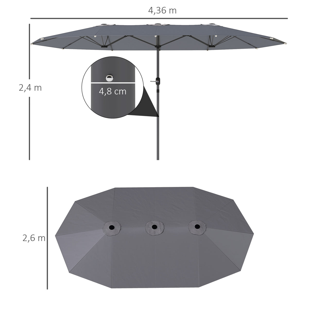 Double Parasol 436 x 260 cm, UV Protection Steel Parasol with Hand Crank, Oval Balcony Umbrella Beach Umbrella Windproof Stable Market Umbrella Crank Umbrella for Beach Balcony Garden Dark Gray