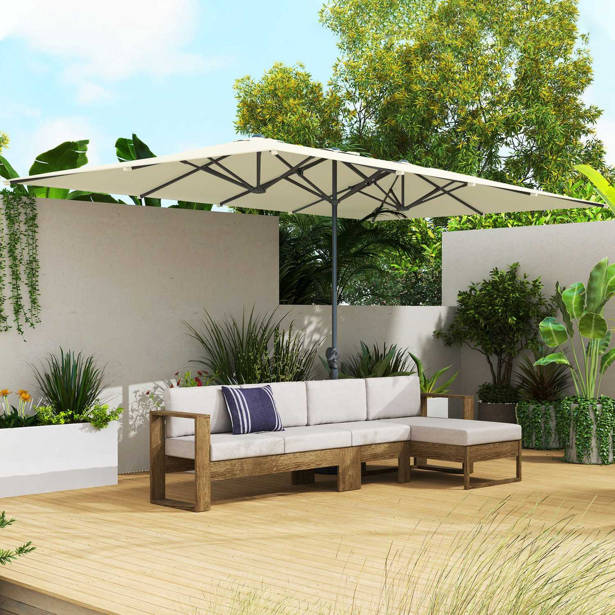 Double Parasol with Crank 451 x 264 cm, UV Protection 50+ Parasol, Windproof Garden Umbrella Balcony Umbrella Aluminum Market Umbrella Sun Protection for Balcony Patio Garden Cream White