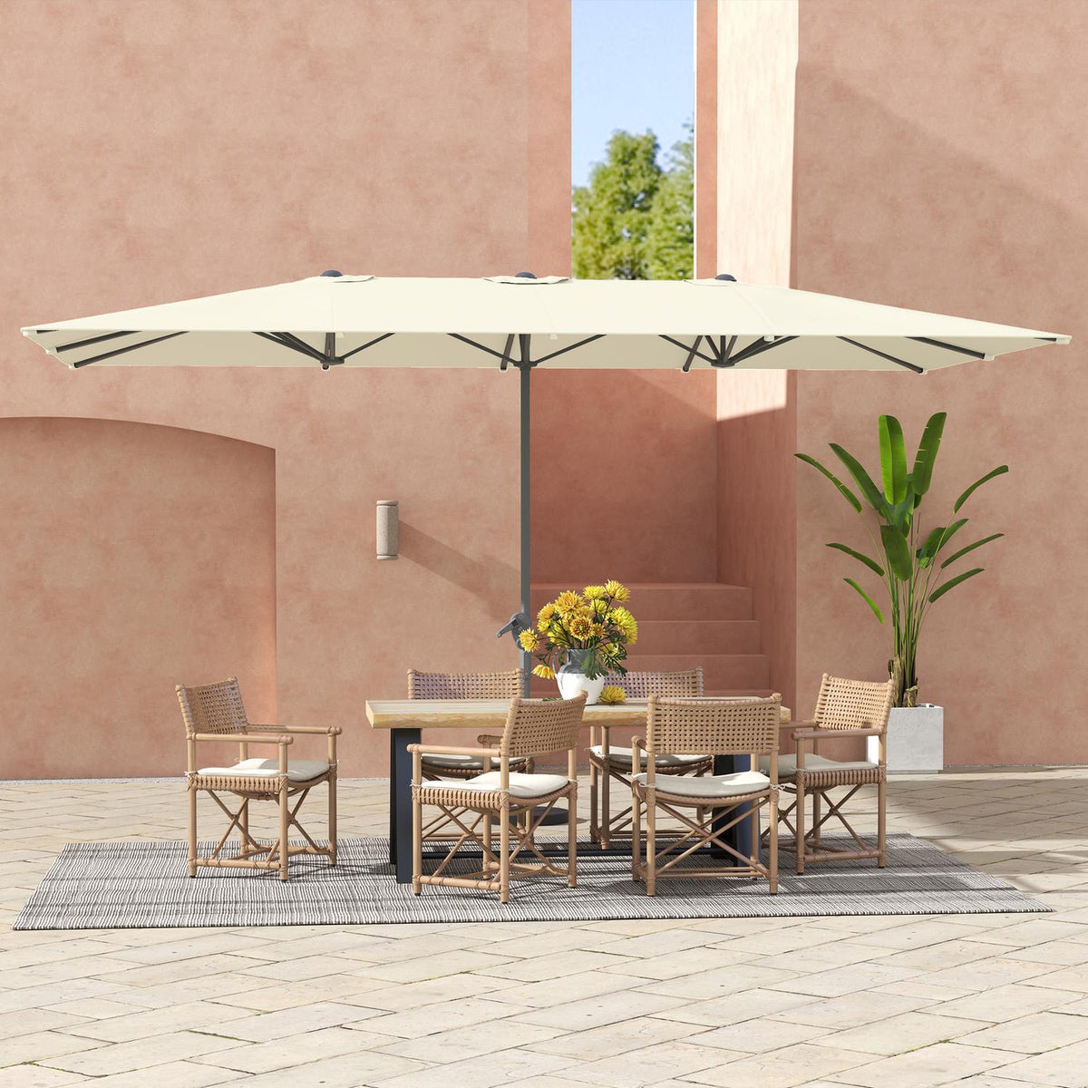Double Parasol with Crank 451 x 264 cm, UV Protection 50+ Parasol, Windproof Garden Umbrella Balcony Umbrella Aluminum Market Umbrella Sun Protection for Balcony Patio Garden Cream White