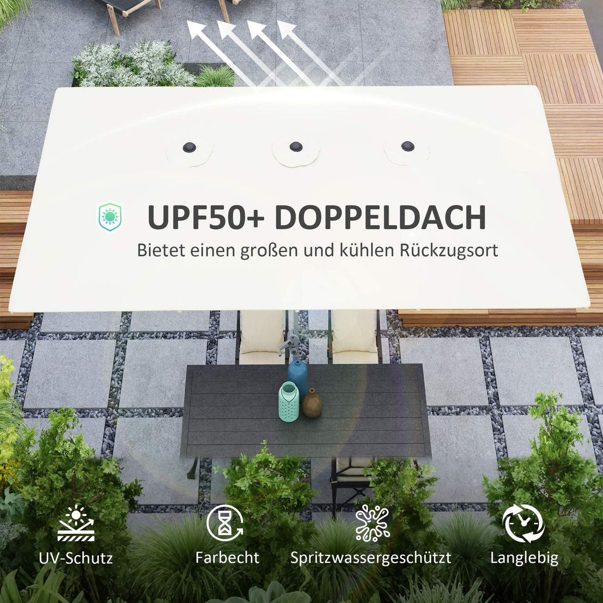 Double Parasol with Crank 451 x 264 cm, UV Protection 50+ Parasol, Windproof Garden Umbrella Balcony Umbrella Aluminum Market Umbrella Sun Protection for Balcony Patio Garden Cream White