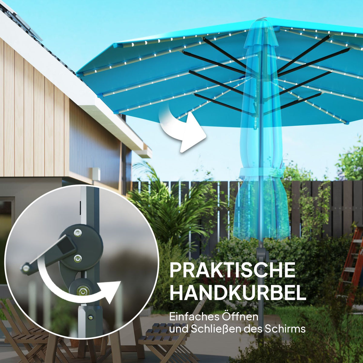 Double Parasol with Solar LED Lights 451 x 267 cm Aluminum UV 50+ Parasol with Hand Crank Balcony Umbrella Windproof Market Umbrella Sun Protection for Beach Balcony Garden Blue |