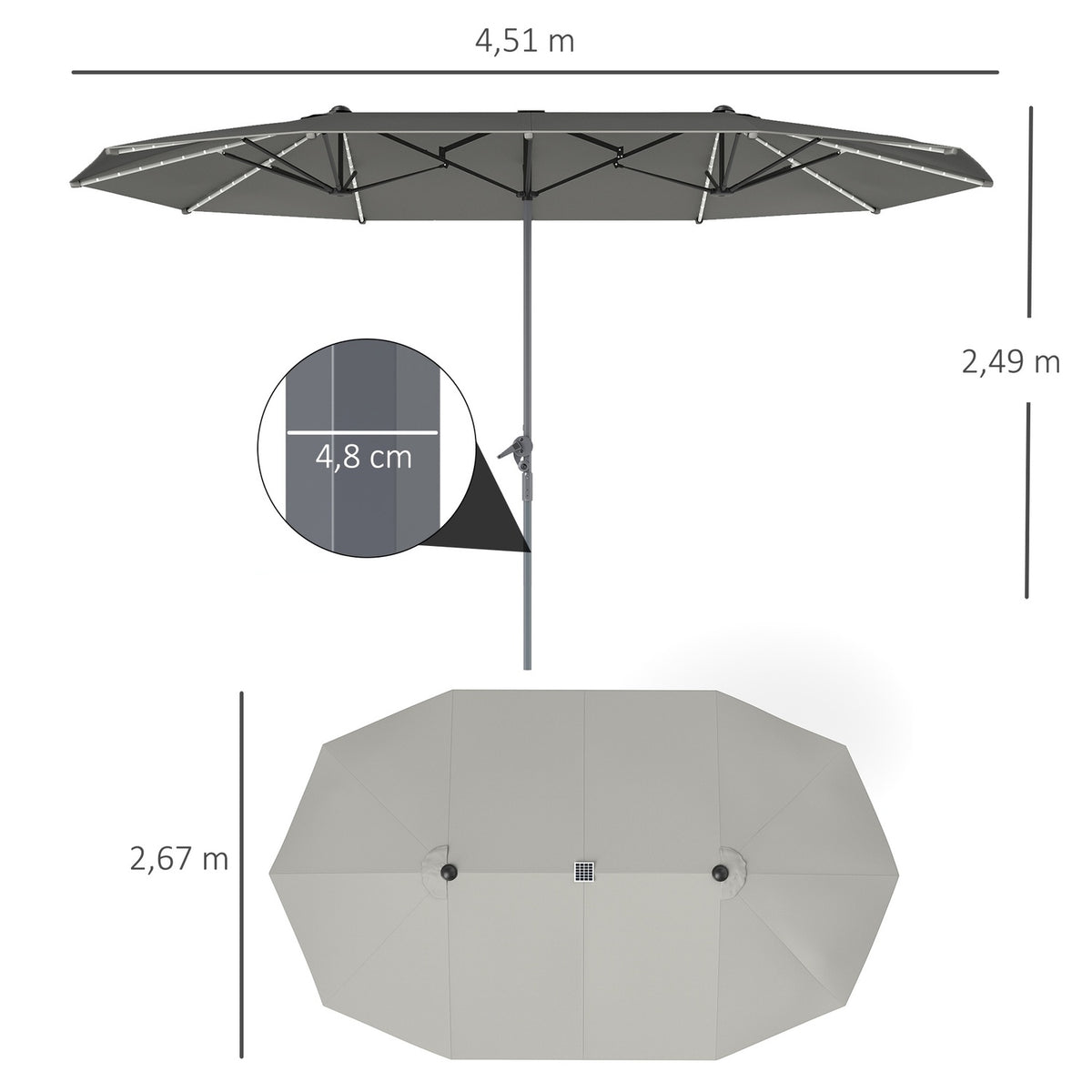 Double Parasol with Solar LED Lights 451 x 267 cm Aluminum UV 50+ Parasol with Hand Crank Balcony Umbrella Windproof Market Umbrella Sun Protection for Beach Balcony Garden Dark Gray |