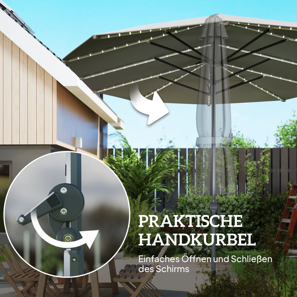 Double Parasol with Solar LED Lights 451 x 267 cm Aluminum UV 50+ Parasol with Hand Crank Balcony Umbrella Windproof Market Umbrella Sun Protection for Beach Balcony Garden Dark Gray |