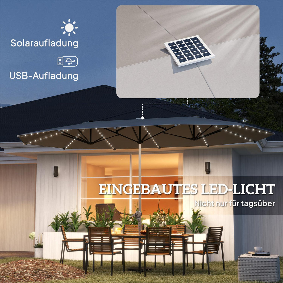 Double Parasol with Solar LED Lights 451 x 267 cm Aluminum UV 50+ Parasol with Hand Crank Balcony Umbrella Windproof Market Umbrella Sun Protection for Beach Balcony Garden Dark Gray |