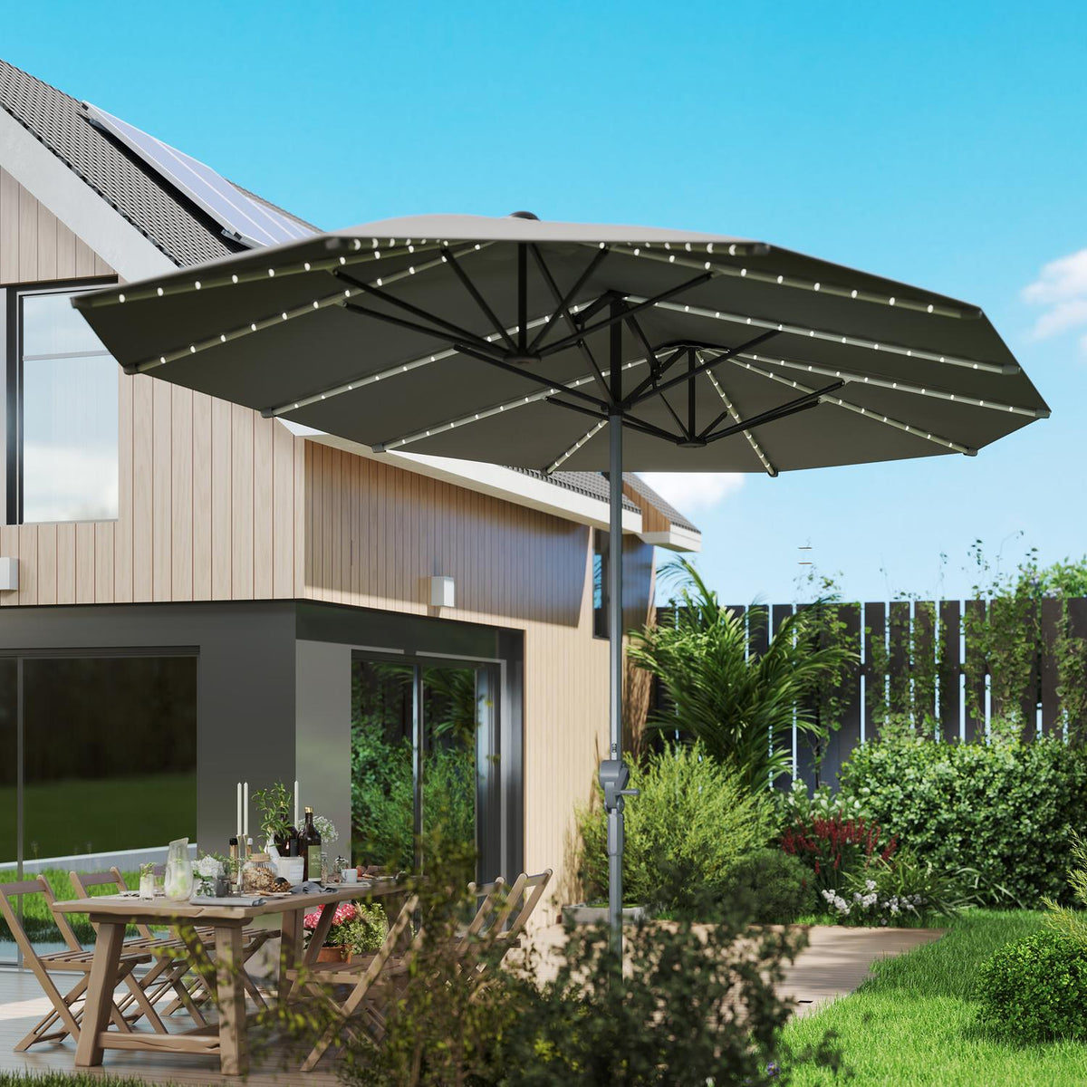 Double Parasol with Solar LED Lights 451 x 267 cm Aluminum UV 50+ Parasol with Hand Crank Balcony Umbrella Windproof Market Umbrella Sun Protection for Beach Balcony Garden Dark Gray |