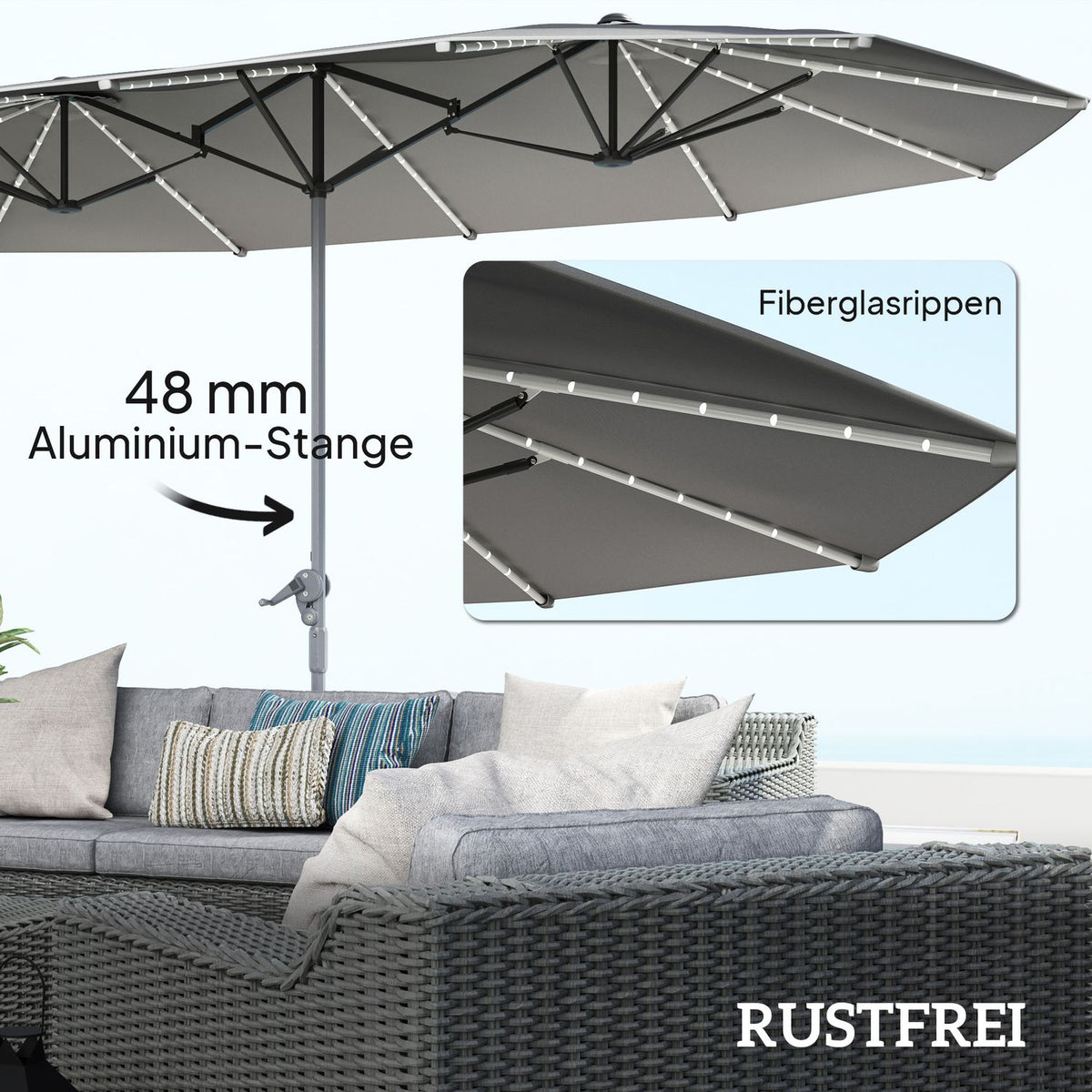 Double Parasol with Solar LED Lights 451 x 267 cm Aluminum UV 50+ Parasol with Hand Crank Balcony Umbrella Windproof Market Umbrella Sun Protection for Beach Balcony Garden Dark Gray |