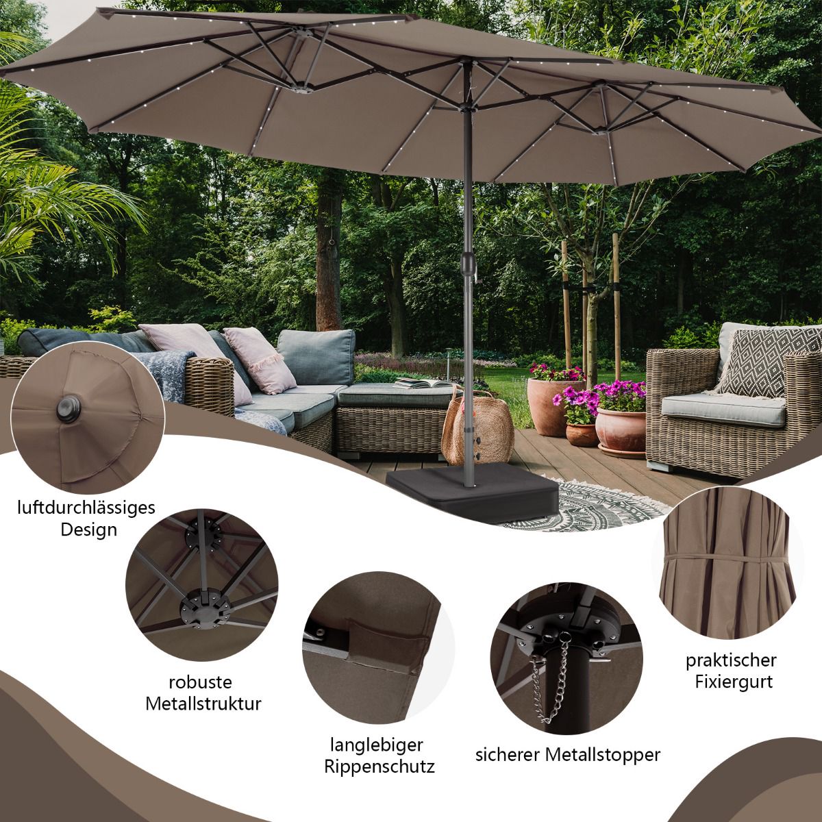 Double Patio Umbrella 470 x 280 cm, Solar LEDs, Base