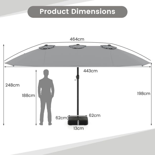 Double-Sided Grey Patio Umbrella with Base – Large Outdoor Shade