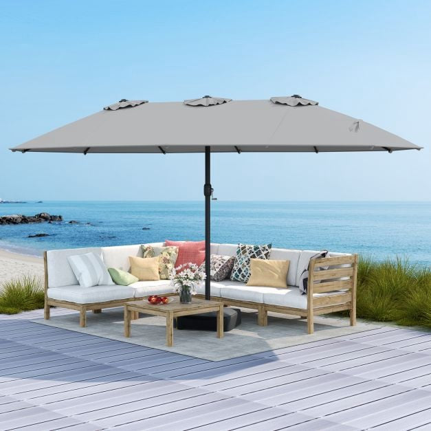 Double-Sided Grey Patio Umbrella with Base – Large Outdoor Shade