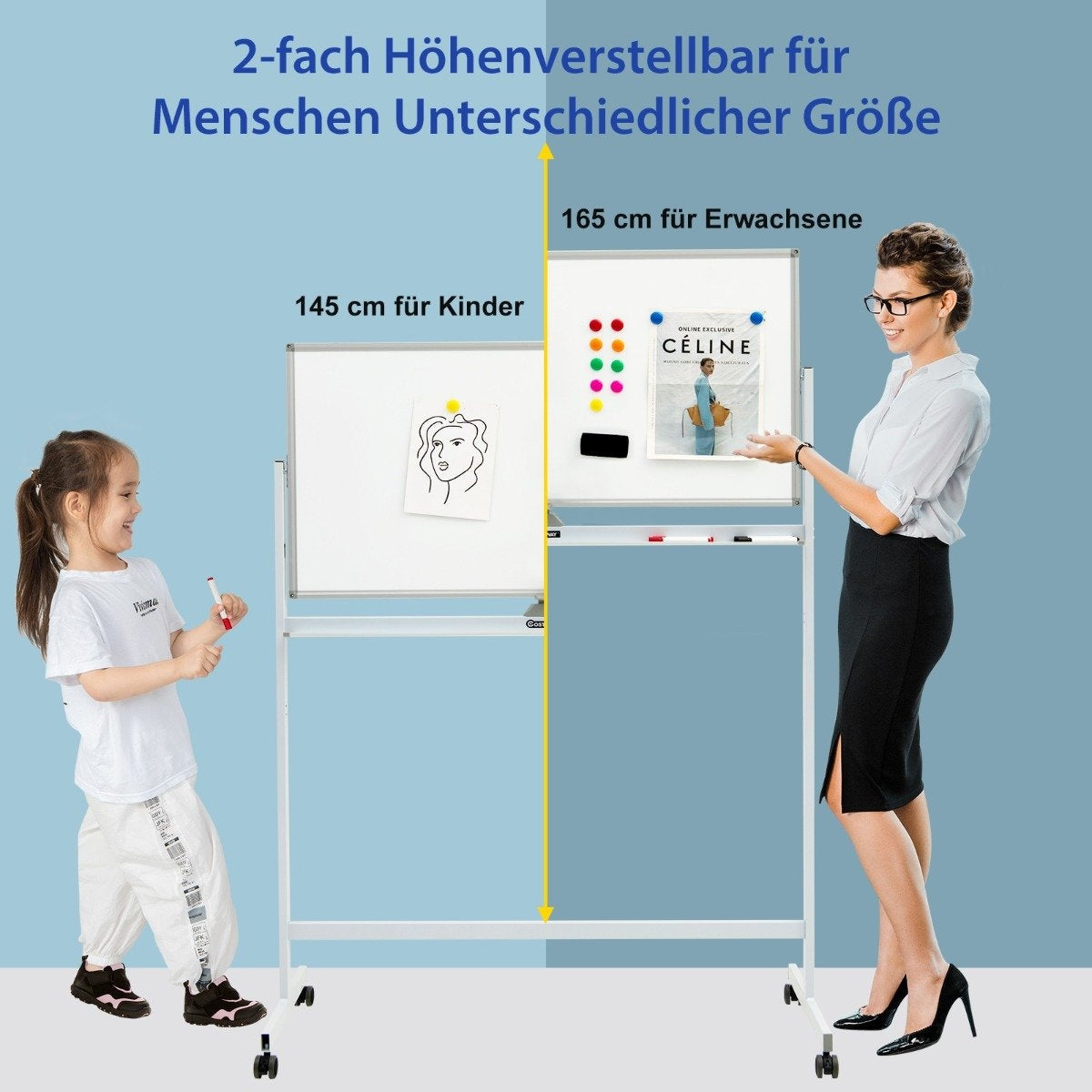 Double Sided Magnetic Mobile Whiteboard Adjustable Dry Erase Board on Wheels White