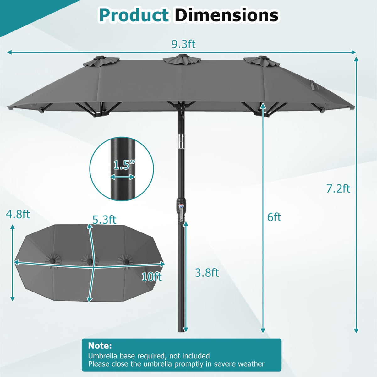 Double-Sided Patio Umbrella 10 x 5.3 ft, Tilt Crank, Gray