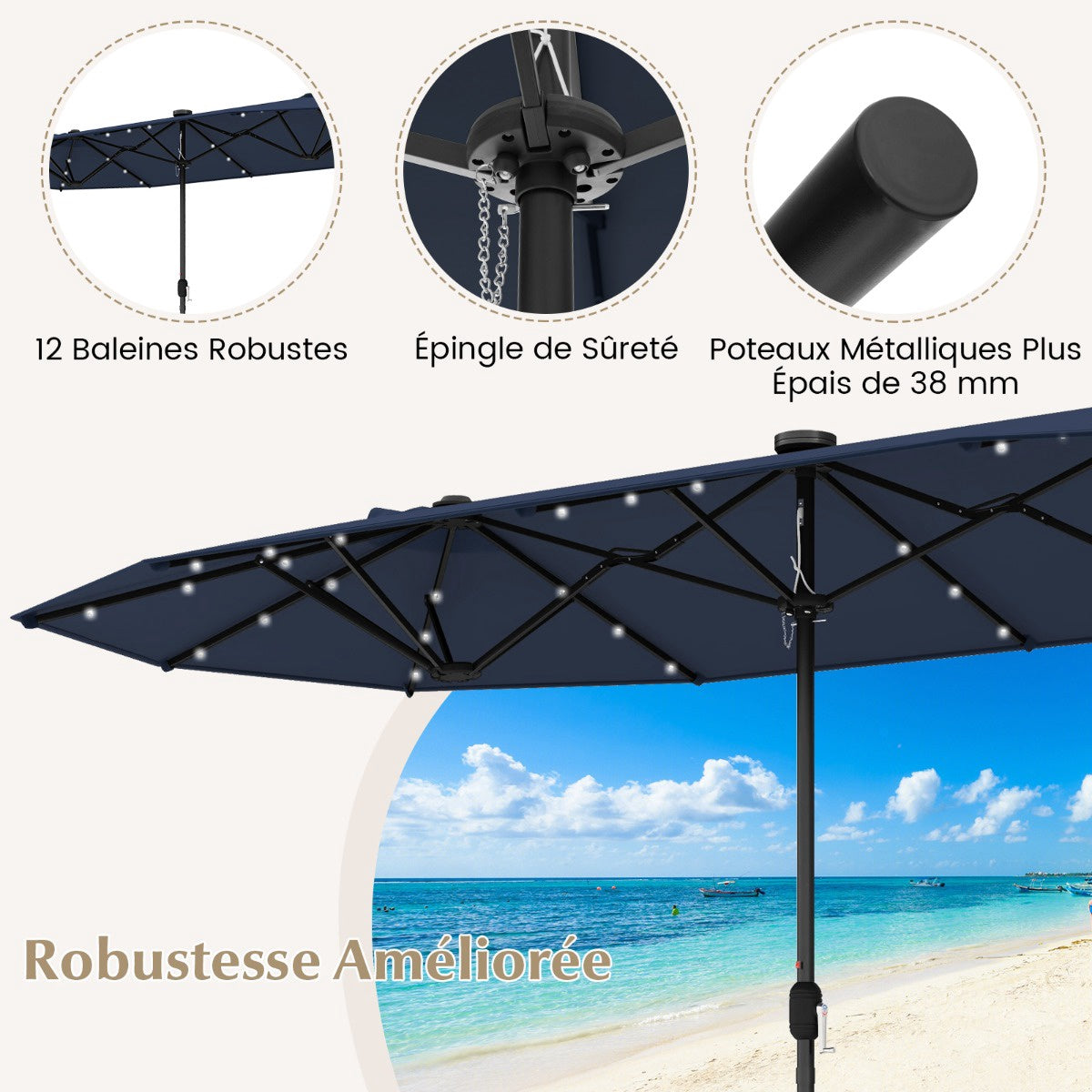 Double-Sided Patio Umbrella 400x200cm, Solar LEDs, Base