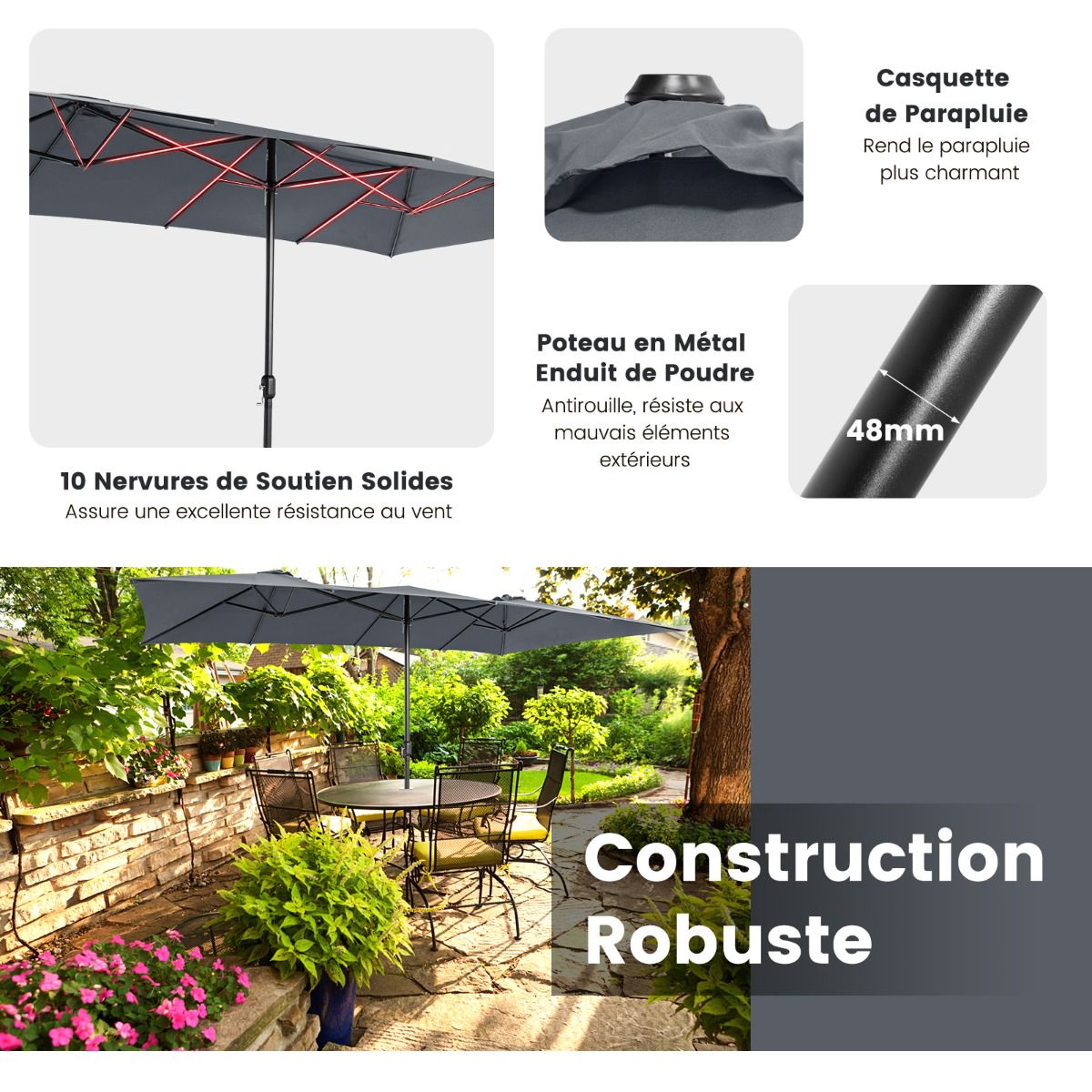 Double-Sided Patio Umbrella 426 x 265 cm, UV, Crank