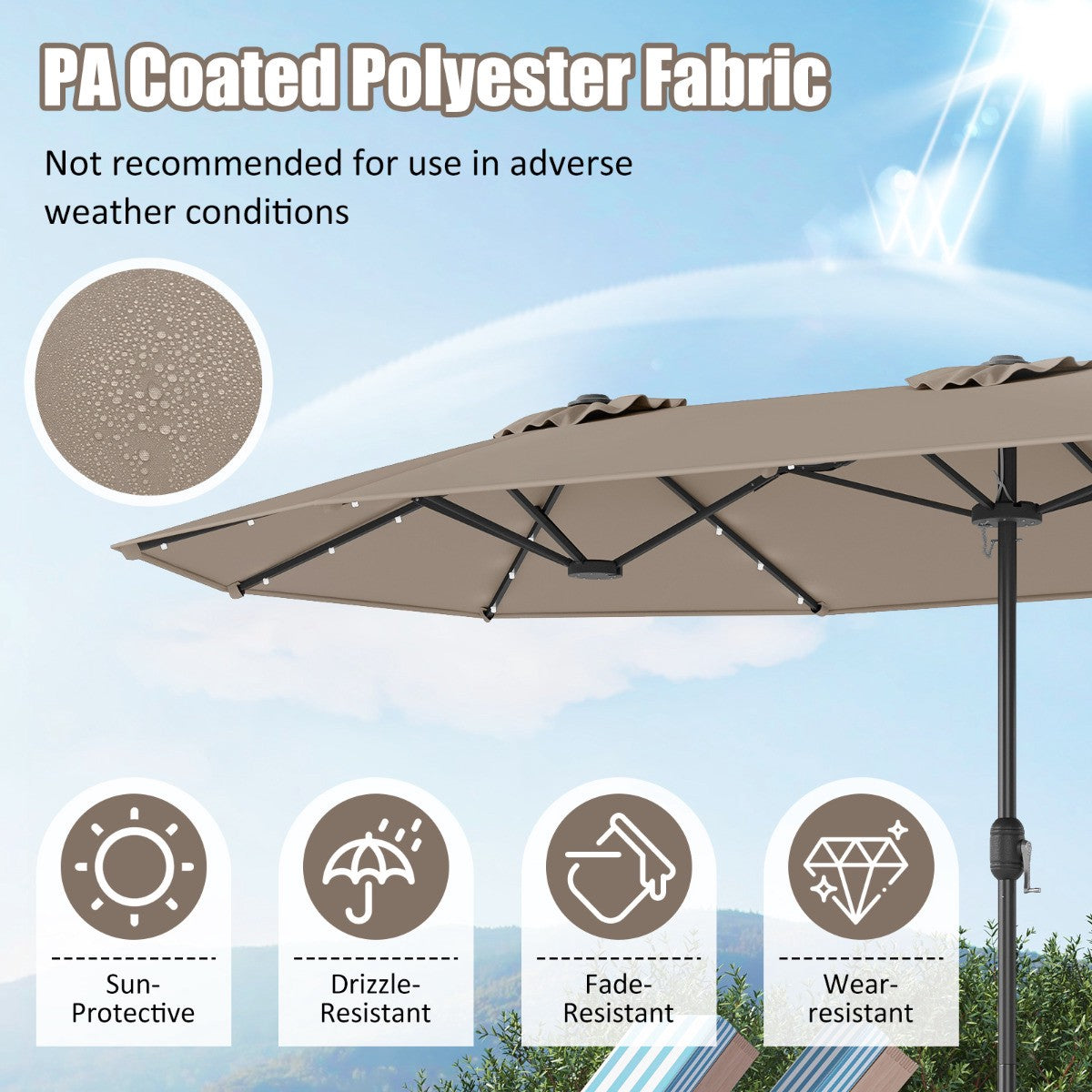 Double-Sided Patio Umbrella 4m With Base, Solar LED, Coffee