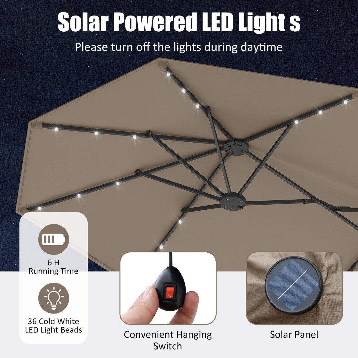 Double-Sided Patio Umbrella 4m With Base, Solar LED, Coffee